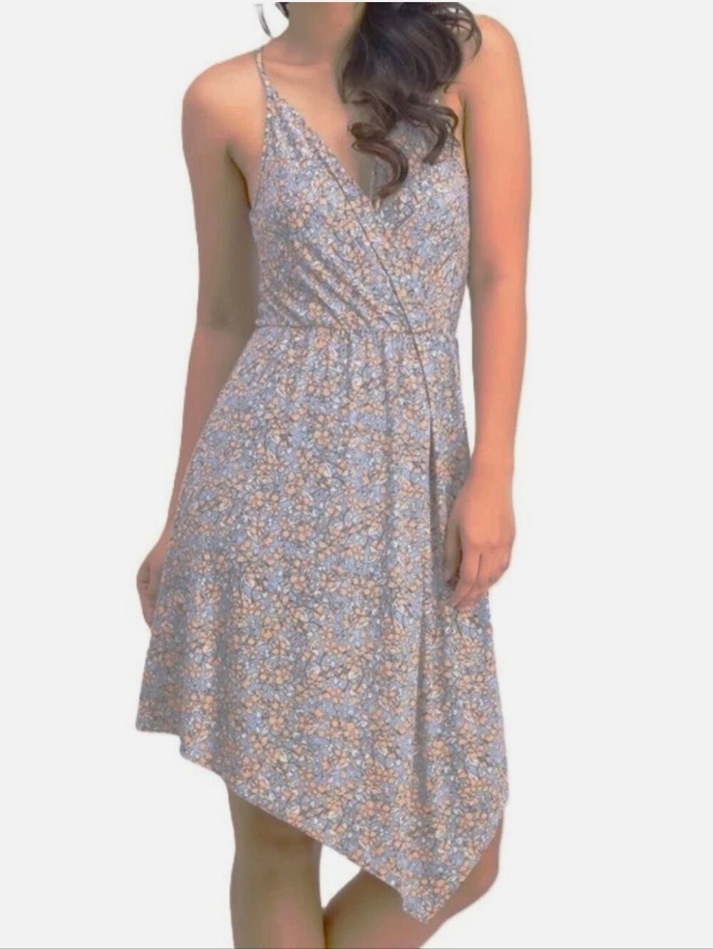 NWT $78 BCBGeneration Dress Sleeveless Surplice Asymmetrical Blue Pink Flower L